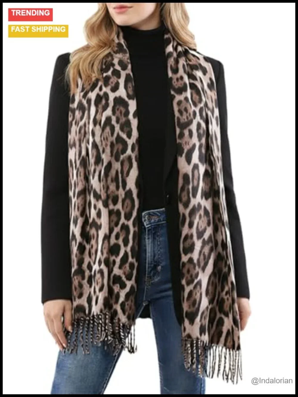 Oversized Leopard Print Scarf with Tassels - Soft Polyester Faux Viscose Winter